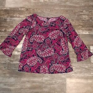 Talbots Vibrant Paisley Blouse Size M Crochet Sleeve 3/4 Sleeve Zip Up Side